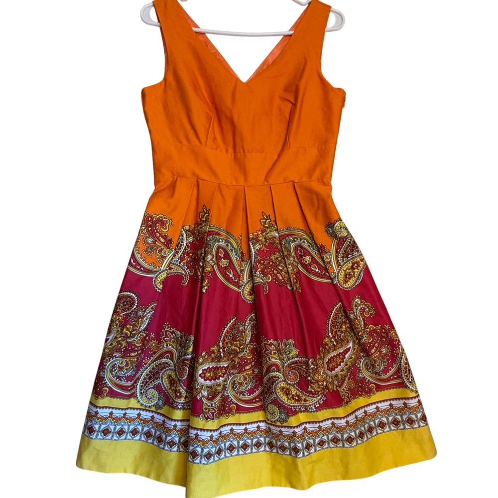 Spense Women's Size 4 Fit &‎ Flare Paisley Print Dress Orange Red Yellow Pockets